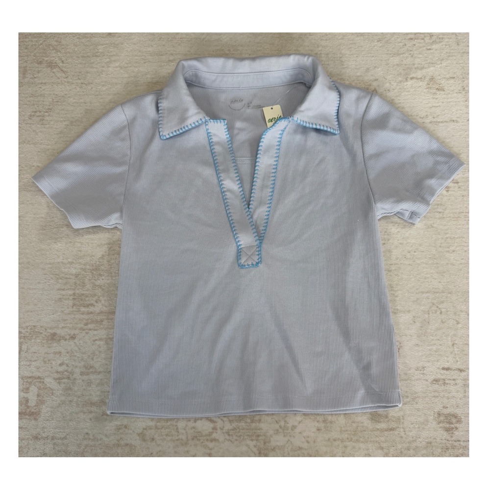 Aerie Real Good Ribbed Polo Shirt Blue Whipstitch V-Neck Small 078-5496-4077